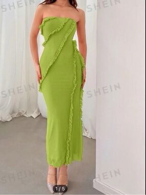 Green Strapless Ruffle-Trim Midi Dress